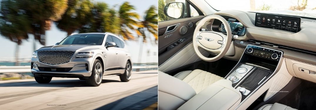 Silver 2021 Genesis GV80 on a City Street and Genesis GV80 Front Interior and Dashboard