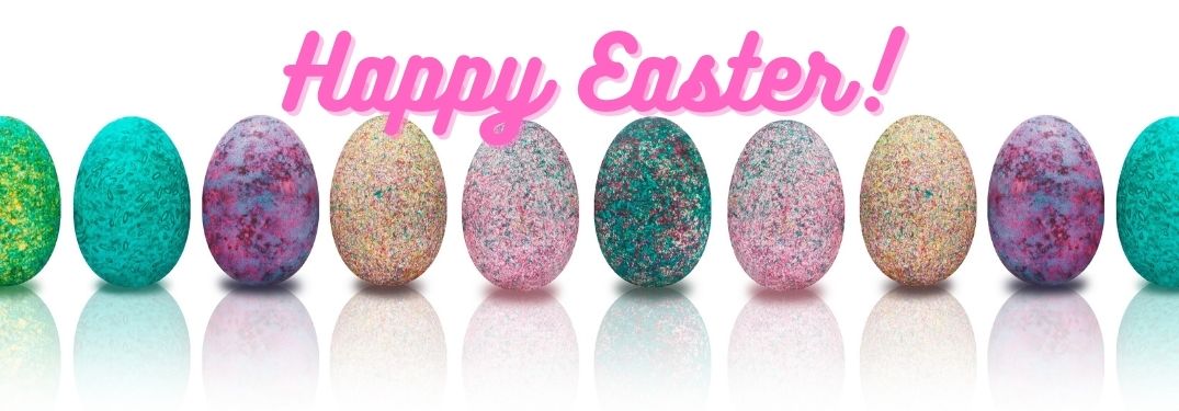 Line of Easter Eggs on a White Background with Pink Happy Easter Text