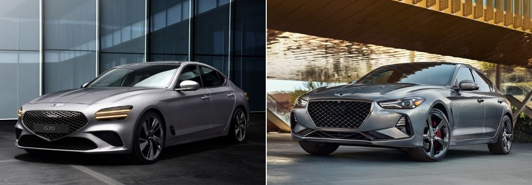 Silver 2022 Genesis G70 Front Exterior in a Driveway vs Silver 2021 Genesis G70 in a Driveway