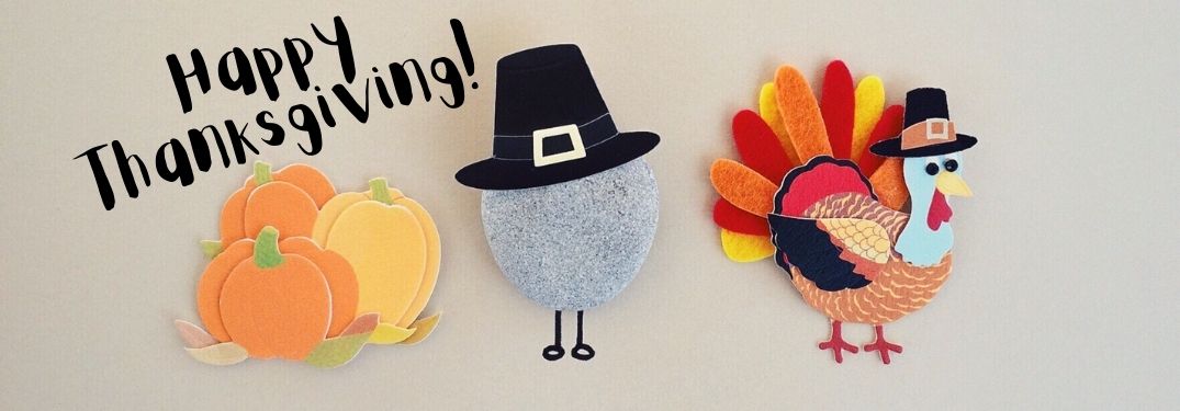 Pumpkin, Pilgrim and Turkey Characters on Gray Background with Black Happy Thanksgiving Text