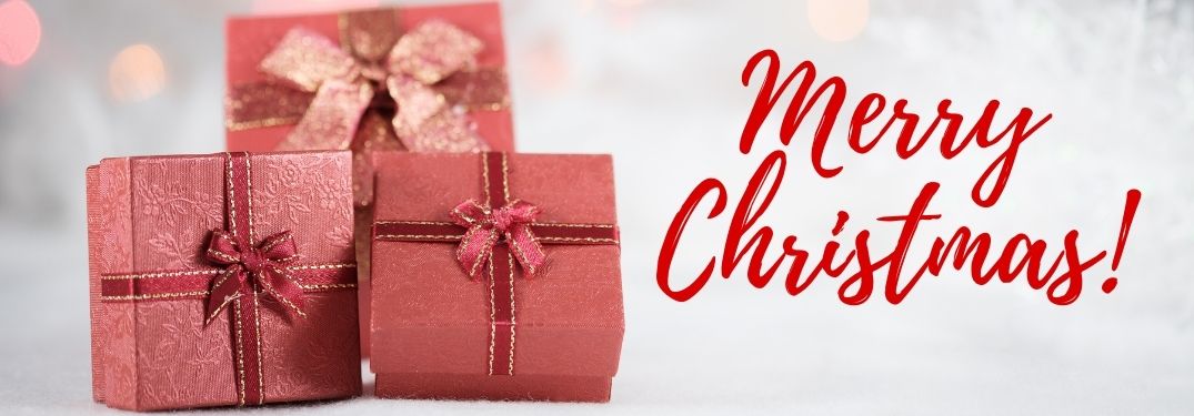 Red Wrapped Christmas Presents on Snowy Background with Red Merry Christmas Text