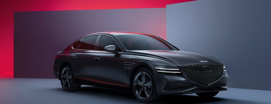 3/4 front view of a new 2022 Genesis G80 in a showroom environment