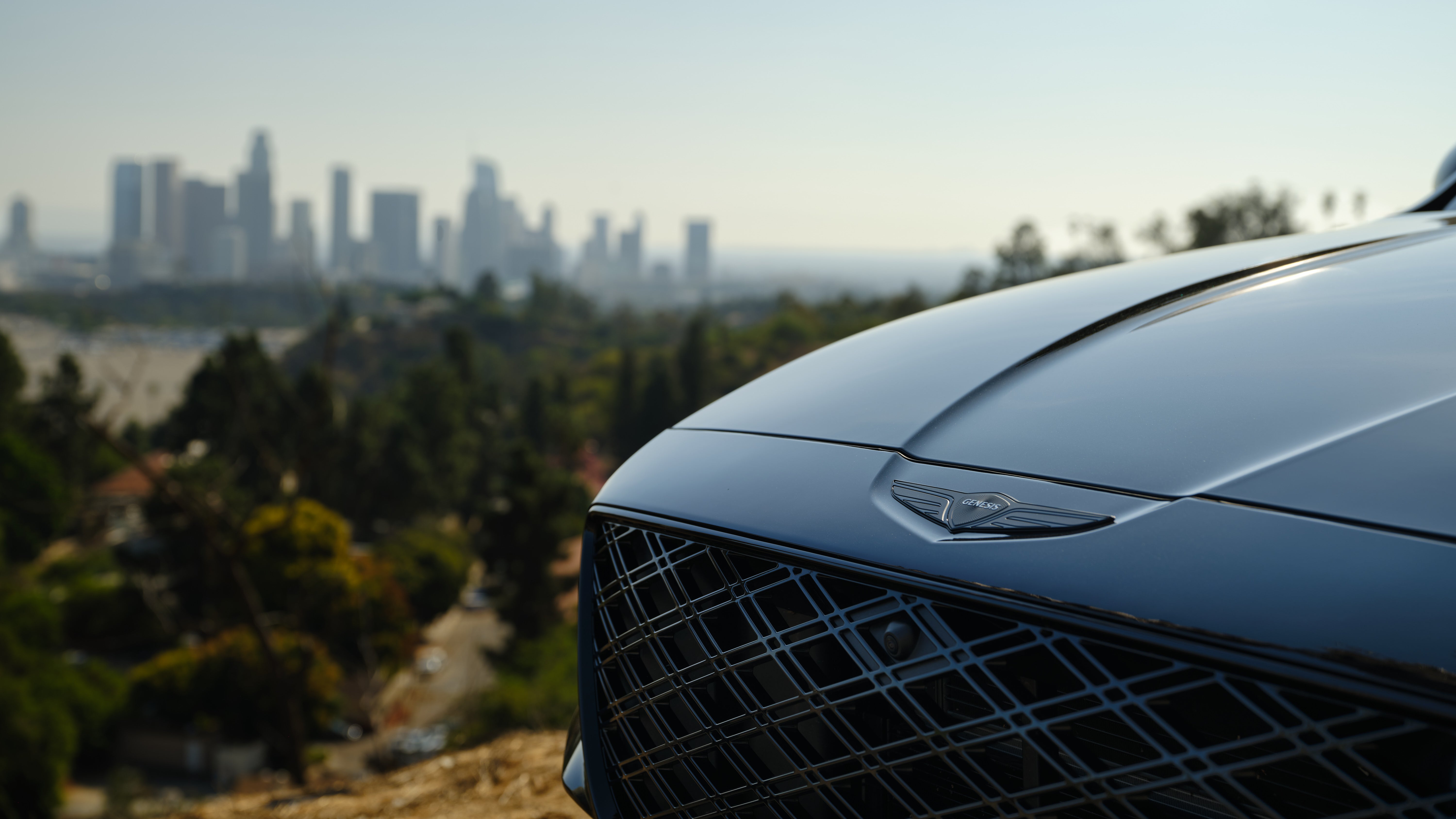 The hood and grill of a capri blue new G80 in Phoenix is seen close up with trees, a river, and a city skyline blurred in the background.