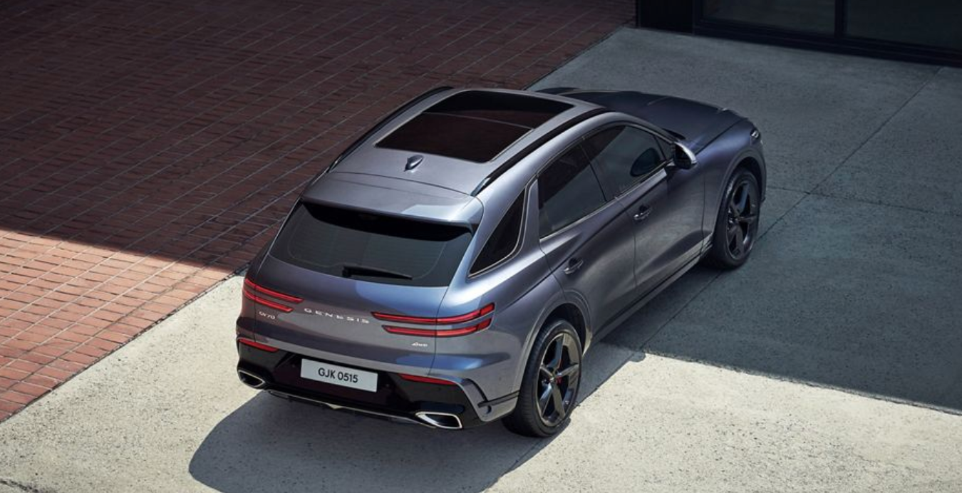 A gray Genesis GV70 SUV with a sunroof, seen from a high angle.
