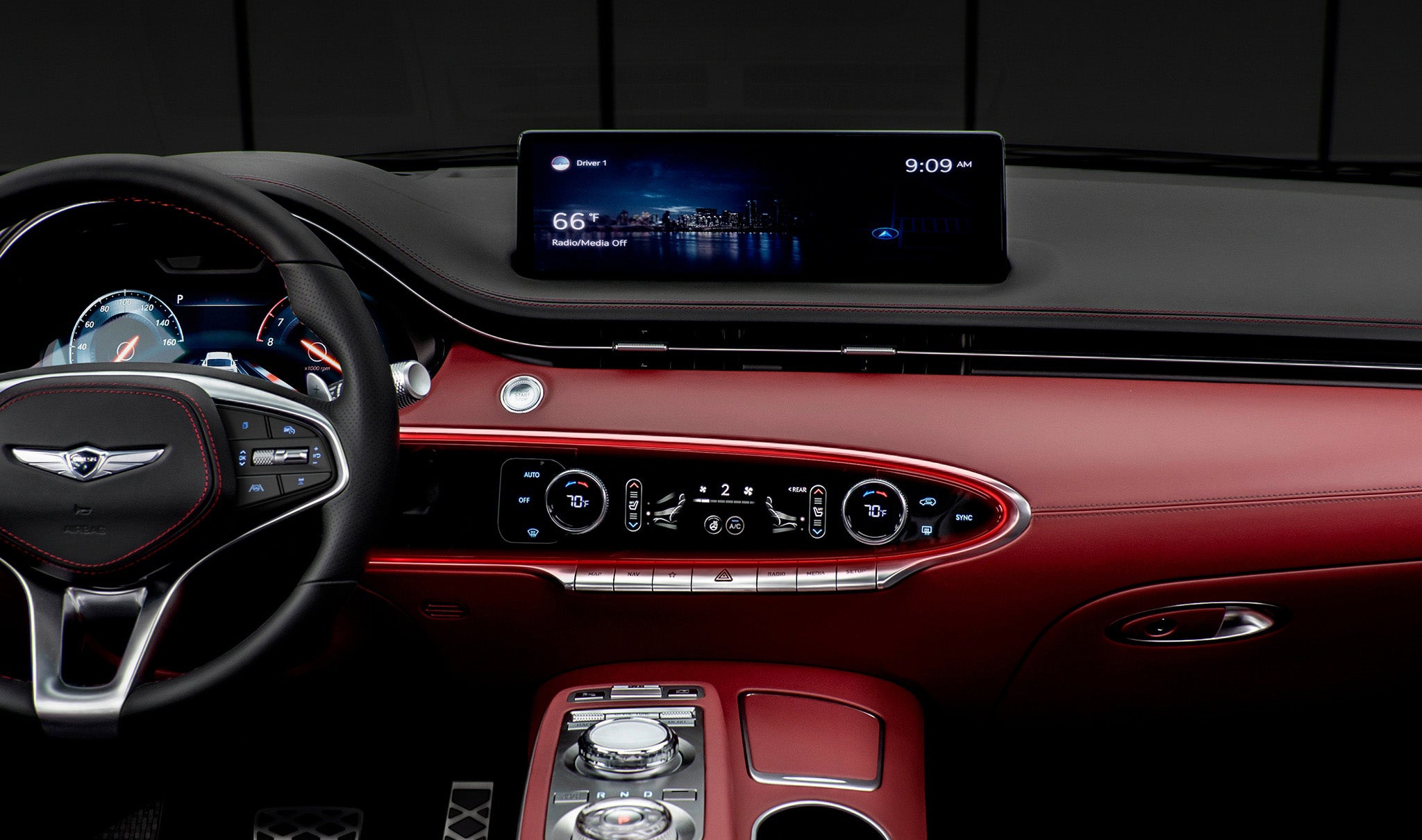 Genesis GV70 interior with a large touchscreen display.